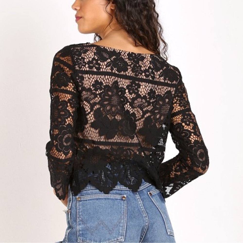 [XS] For Love & Lemons Gianna Crop Laced LS Blouse Top Black - Picture 4 of 11